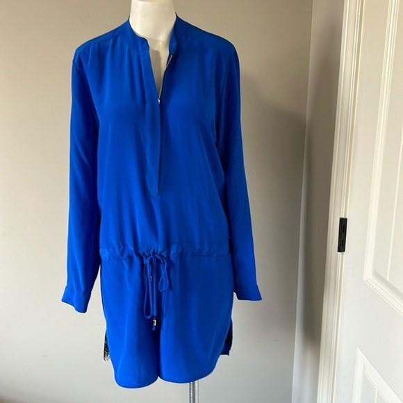 Karina Grimaldi Silk Romper Zip Front High Neck Lace Accent Cobalt Blue Size M - Picture 4 of 16